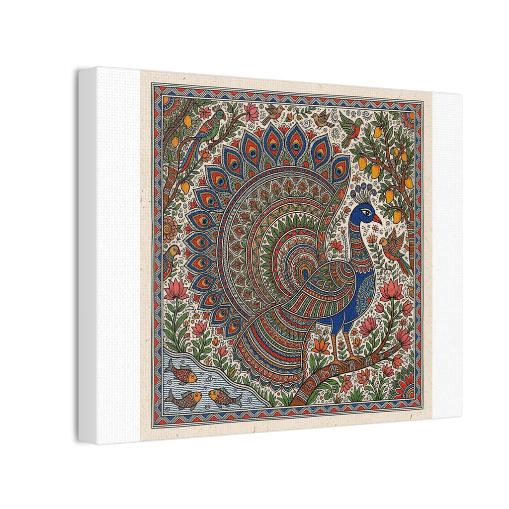 Peacock Madhubani Canvas Print — Traditional Indian Folk Art Stretched Canvas