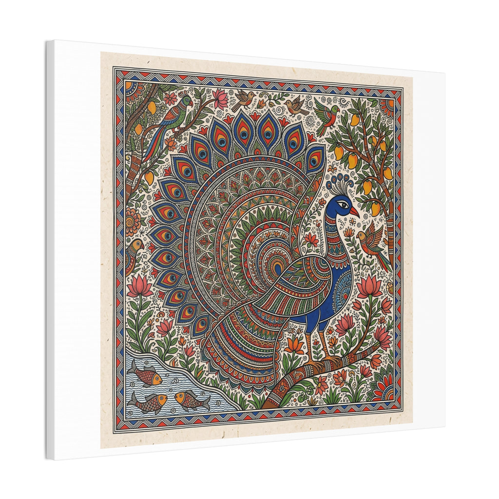 Peacock Madhubani Canvas Print — Traditional Indian Folk Art Stretched Canvas