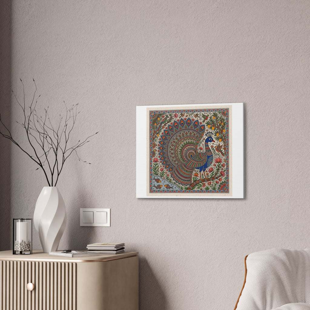 Peacock Madhubani Canvas Print — Traditional Indian Folk Art Stretched Canvas