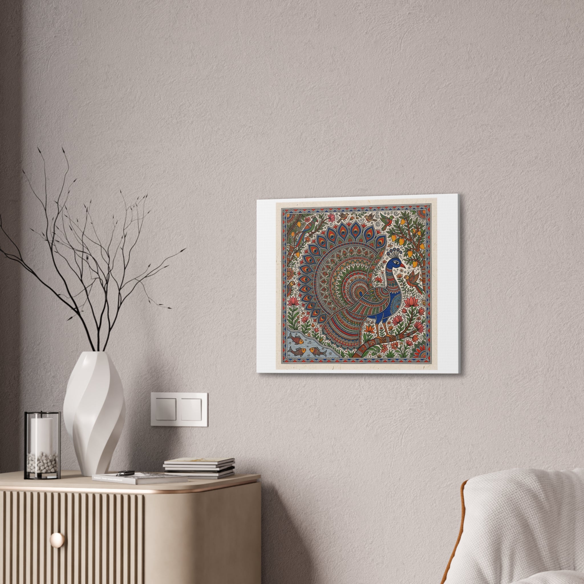 Peacock Madhubani Canvas Print — Traditional Indian Folk Art Stretched Canvas