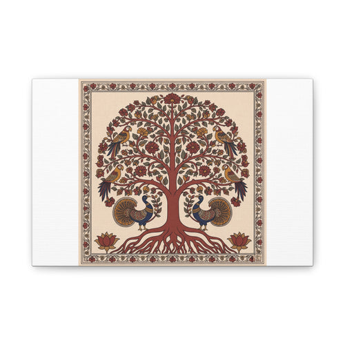 Folk Tree of Life Canvas Wall Art — Vintage Peacock & Floral Stretched Canvas