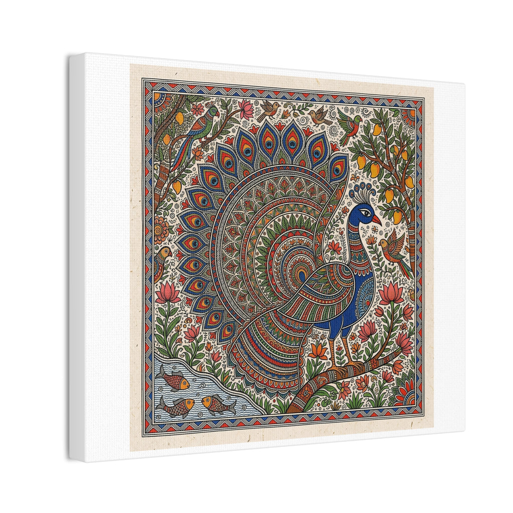 Peacock Madhubani Canvas Print — Traditional Indian Folk Art Stretched Canvas