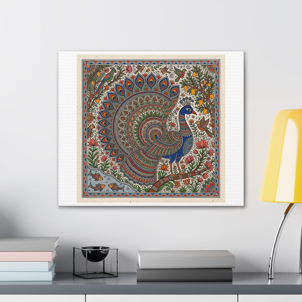 Peacock Madhubani Canvas Print — Traditional Indian Folk Art Stretched Canvas