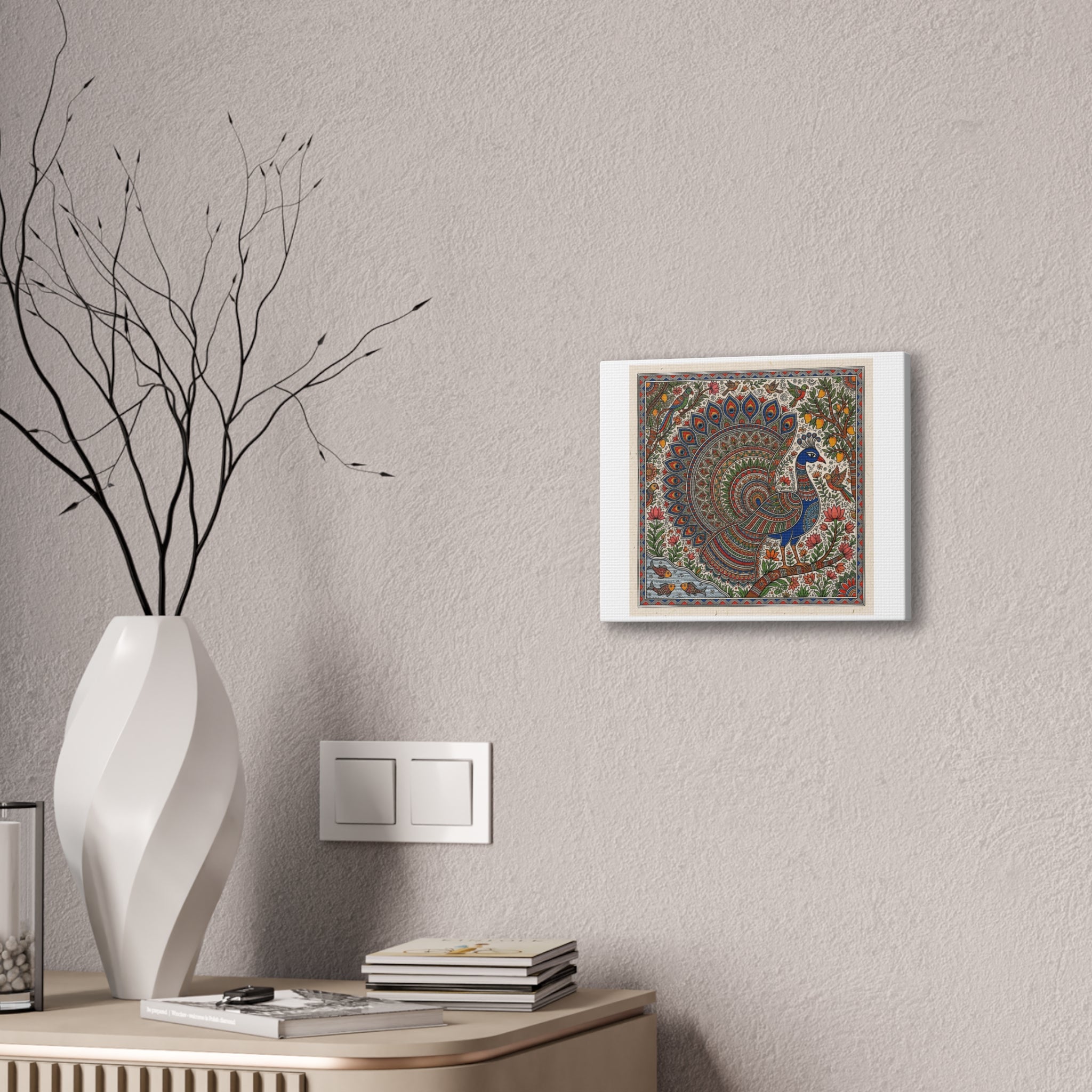 Peacock Madhubani Canvas Print — Traditional Indian Folk Art Stretched Canvas