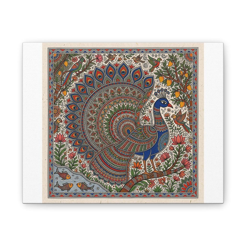 Peacock Madhubani Canvas Print — Traditional Indian Folk Art Stretched Canvas