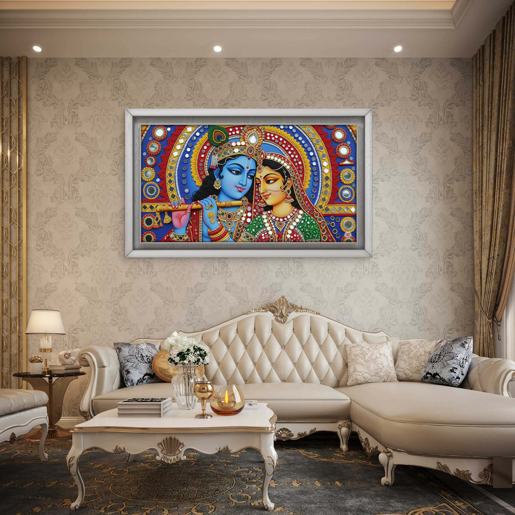Radha Krishna Lippan Art: Kutch Mud Mirror Painting, Indian Home Decor