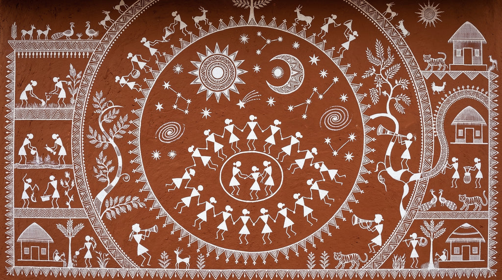 Warli Tribal Art Canvas Wall Decor, Indian Folk Painting, Boho Rustic Home Art