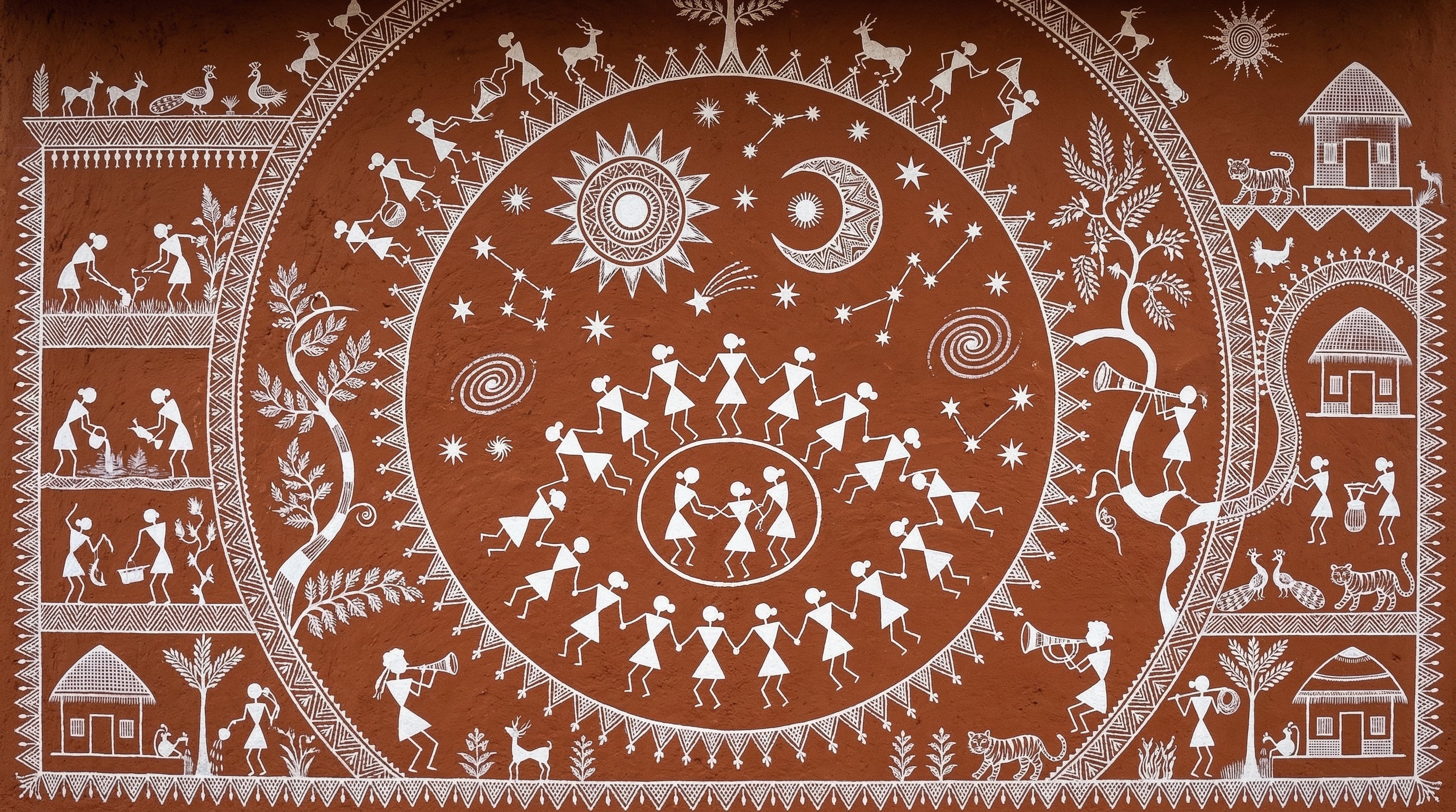Warli Tribal Art Canvas Wall Decor, Indian Folk Painting, Boho Rustic Home Art
